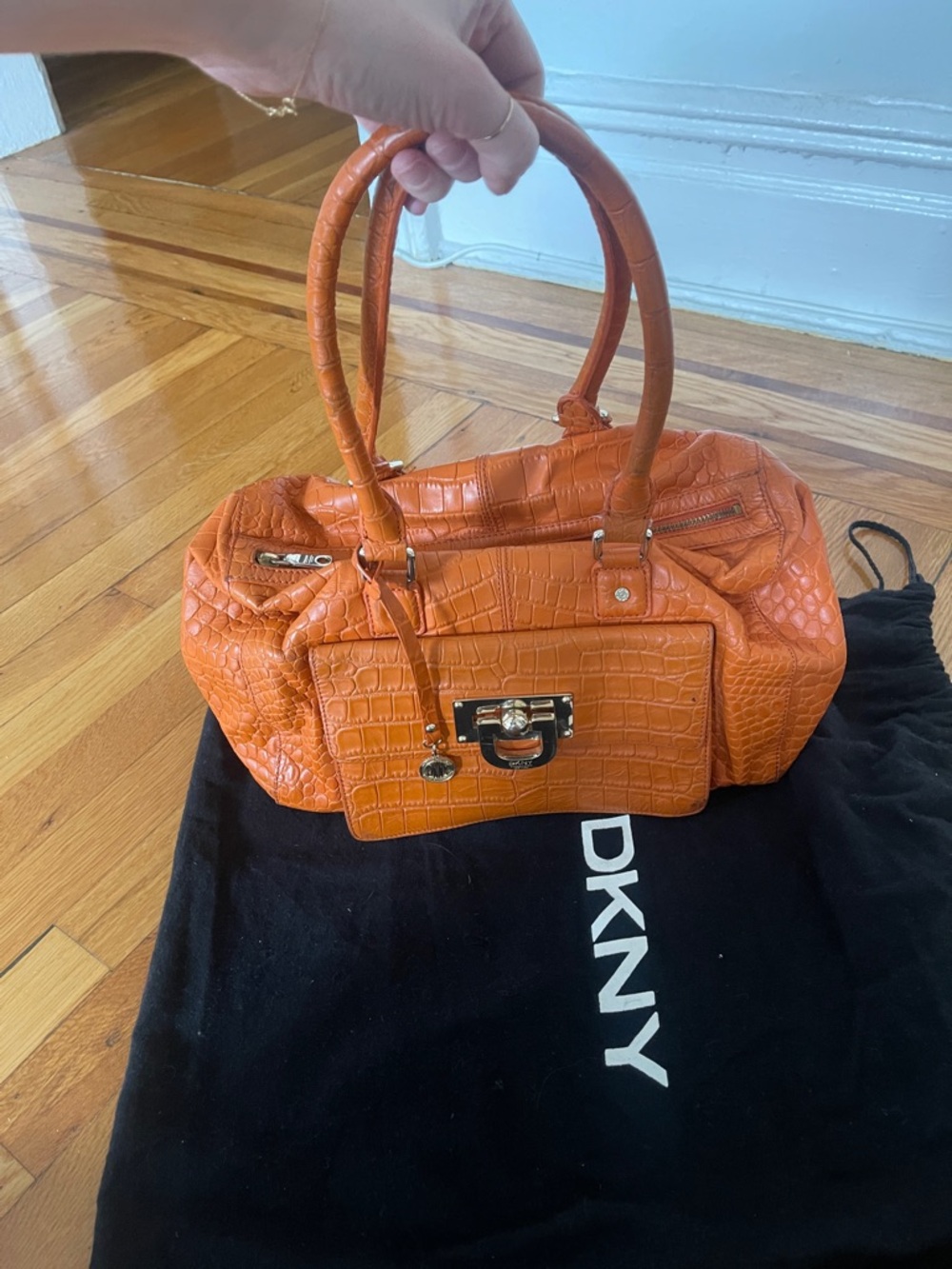 DKNY Vintage Orange Croc-Embossed Satchel with Front Lock